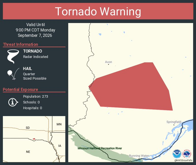Tornado Warning Update: Bon Homme and Charles Mix Counties Under Alert Until 9 PM CDT