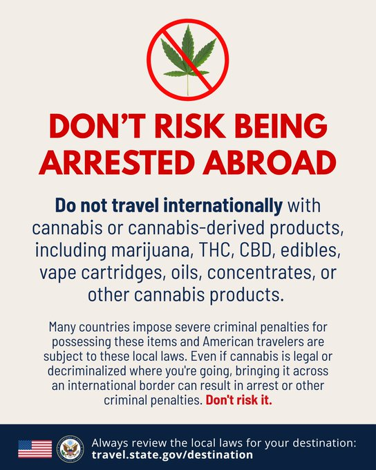 Traveling Internationally With Cannabis Could Lead to Arrest, U.S. Warns