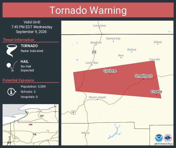 Tornado Warning for Smethport, Crosby and Cyclone Until 7:45 PM EDT 1 Tornado Warning for Smethport, Crosby and Cyclone Until 7:45 PM EDT