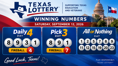Texas Lottery Winning Numbers for September 12, 2026: Daily 4, Pick 3 and All or Nothing Results 7 Texas Lottery Winning: Texas Lottery Winning Numbers for September 12, 2026: Daily 4, Pick 3 and All or Nothing Results