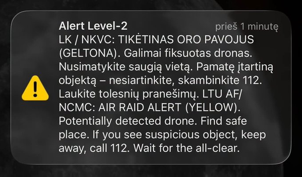 BREAKING: Possible Drone Detection Triggers Yellow Air Raid Alert Across Vilnius Area