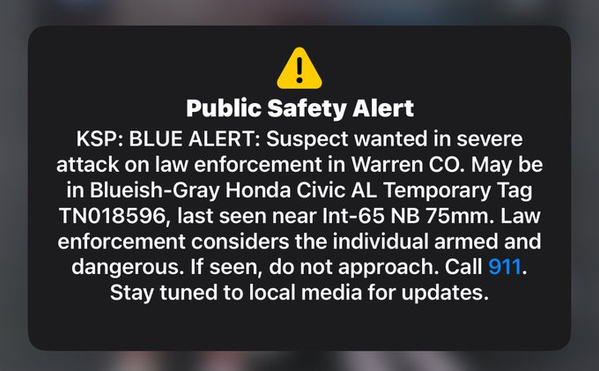 Kentucky Blue Alert: Armed Suspect Sought After I-65 Attack in Warren County