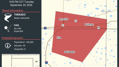 Tornado Warning continues for Amarillo, Palisades and Pullman, Texas until 9:00 p.m.