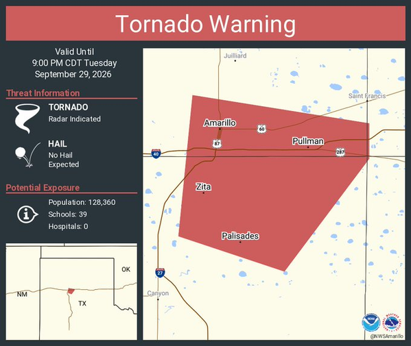 Tornado Warning continues for Amarillo, Palisades and Pullman, Texas until 9:00 p.m.
