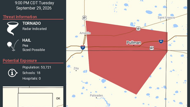 Tornado Warning continues for Pullman, Texas until 9:00 p.m.