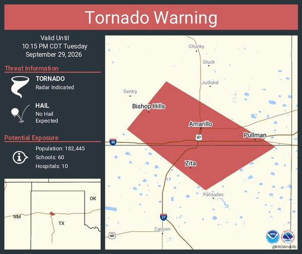 Tornado Warning continues for Amarillo, Bishop Hills and Cliffside, Texas until 10:15 p.m.