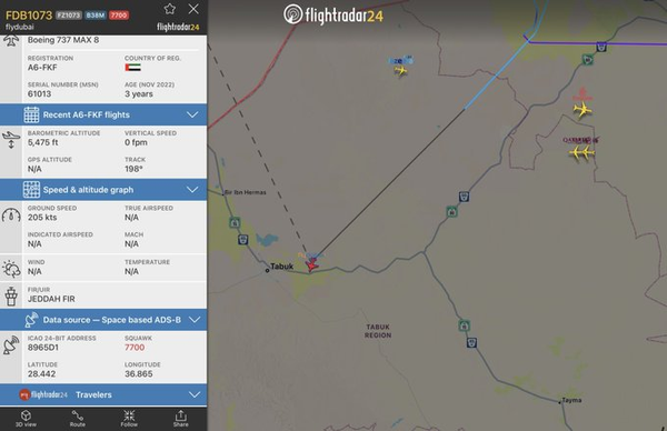 Flydubai flight FZ1073 declares emergency after briefly transmitting 7500 code