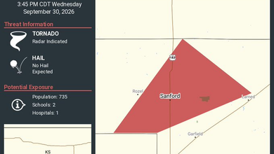 Tornado Warning issued for Sanford, Kansas until 3:45 PM CDT