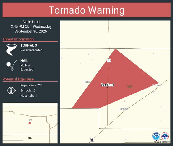 Tornado Warning issued for Sanford, Kansas until 3:45 PM CDT 1 Tornado Warning issued for Sanford, Kansas until 3:45 PM CDT