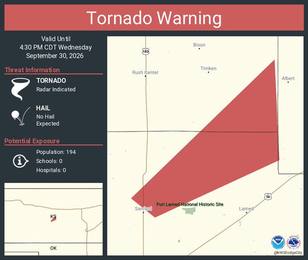 Tornado Warning issued for Pawnee and Rush counties, Kansas until 4:30 PM CDT