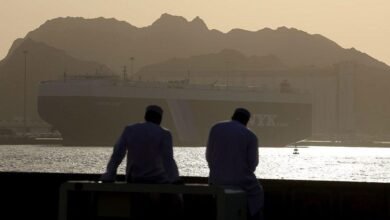 صورة رجلين من الخلف يتأملان سفينة تجارية تعبر مضيق هرمز في خليج عمان