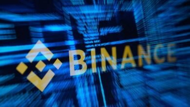 شعار "بينانس" (Binance) على خلفية من نصوص حاسوبية زرقاء ضبابية