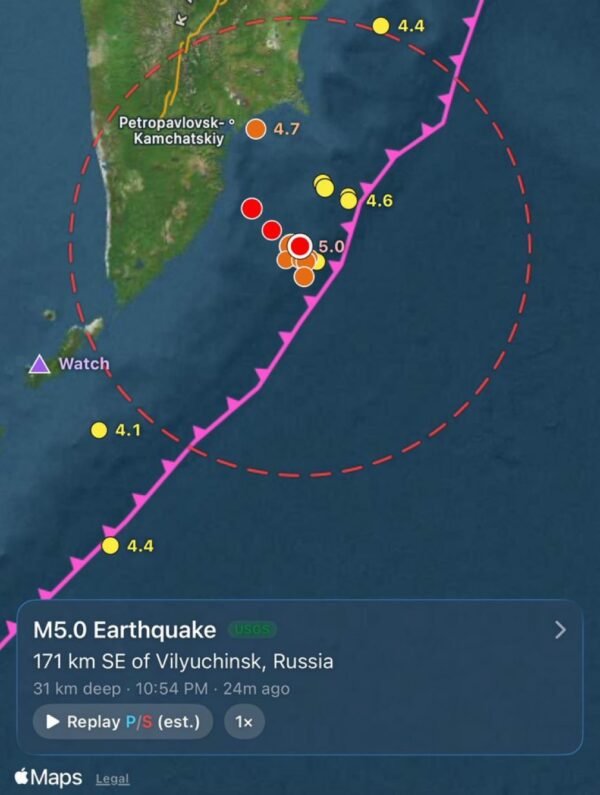 M5.0 earthquake strikes southeast of Vilyuchinsk, Russia