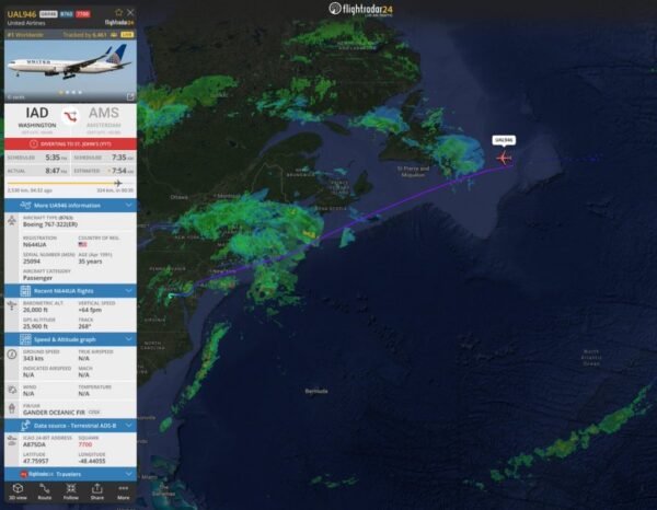 UA946 Washington–Amsterdam flight reportedly diverts to St. John’s, Canada