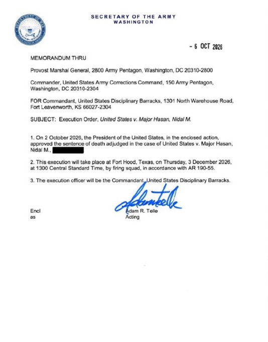 Nidal Hasan Scheduled for Execution by Firing Squad at Fort Hood on December 3