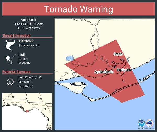 Tornado Warning issued for Eastpoint, Apalachicola and Creels, Florida 1 Tornado Warning issued for Eastpoint, Apalachicola and Creels, Florida