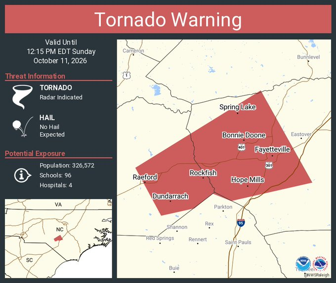 Tornado Warning Fayetteville NC, Hope Mills NC and Spring Lake NC until 12:15 PM EDT