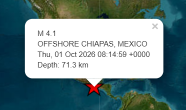 Terremoto de magnitud 4,1 sacude zona al oeste de Puerto Madero, México