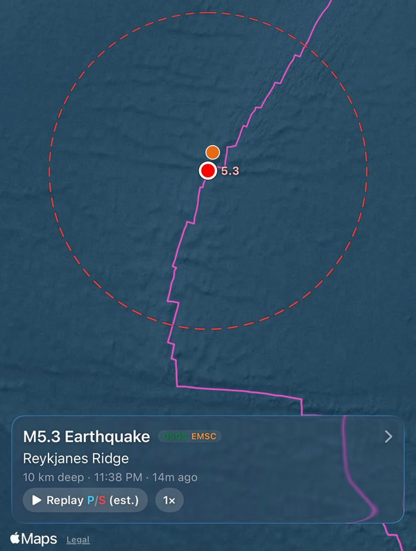 Magnitude 5.3 Earthquake Strikes Reykjanes Ridge