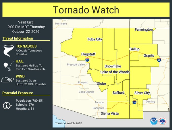 Vigilancia por tornados en Arizona y Nuevo México hasta las 21:00 MDT