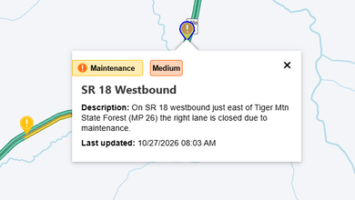 SR 18 Westbound Right Lane Closed for Drilling Near Tiger Mountain, Washington