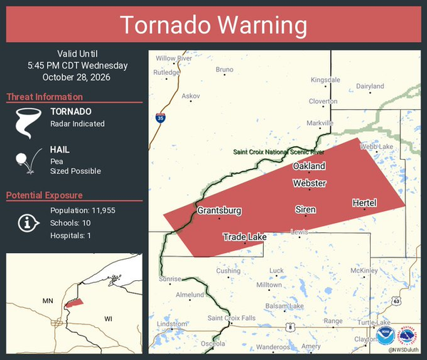 Tornado Warning for Grantsburg, Siren and Webster, Wisconsin, Until 5:45 PM CDT