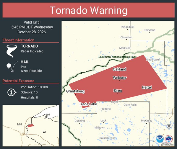 Tornado Warning Continues for Grantsburg, Siren and Webster, Wisconsin, Until 5:45 PM CDT