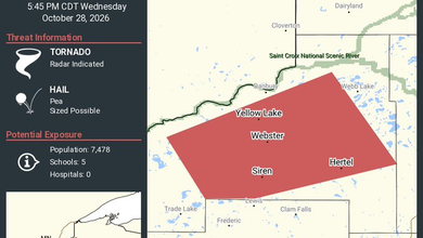 Tornado Warning Continues for Siren, Webster and Hertel, Wisconsin, Until 5:45 PM CDT 2 Tornado Warning Continues for Siren, Webster and Hertel, Wisconsin, Until 5:45 PM CDT
