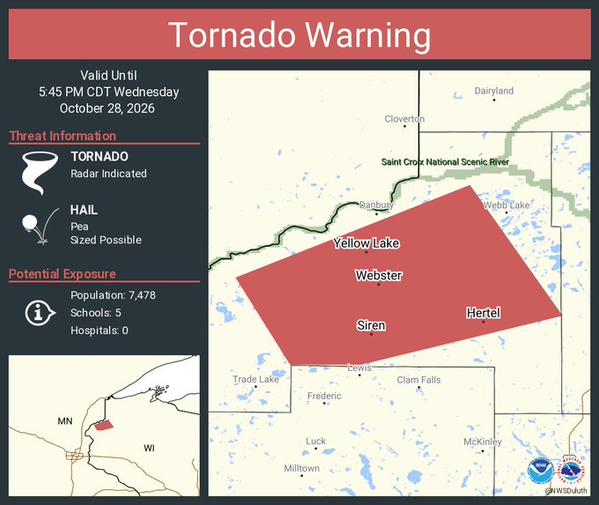 Tornado Warning Continues for Siren, Webster and Hertel, Wisconsin, Until 5:45 PM CDT