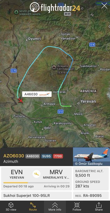 Flight A46030 to Mineralnye Vody Turns Back Toward Yerevan, Armenia, After Emergency Signal 1 Flight A46030 to Mineralnye Vody Turns Back Toward Yerevan, Armenia, After Emergency Signal