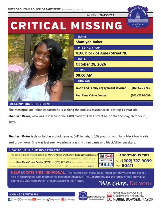 Shaniyah Baker, 14, Reported Critically Missing in Washington, D.C.